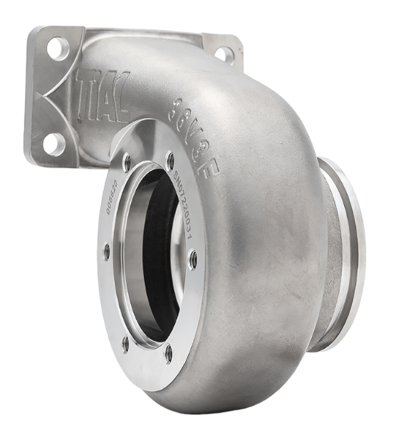 Xona Rotor XR-64S T3 1.21 A/R turbine housing, side angle showing T3 flange and V-band outlet.