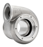 Xona Rotor XR-64S .62 A/R TiAL turbine housing, angled view showing V-band inlet and outlet flanges