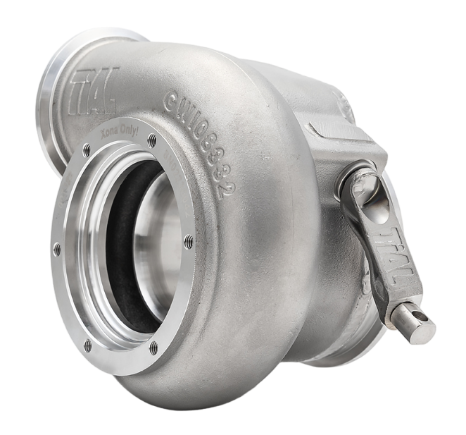 Xona Rotor XR-64S turbine housing, angled view showing V-band inlet, outlet flange and wastegate actuator arm