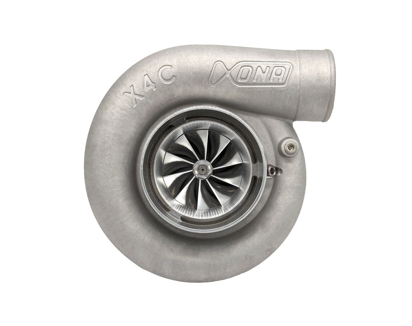 Xona XRE 7169S X4C turbocharger, front view showing compressor wheel, housing and inlet pipe