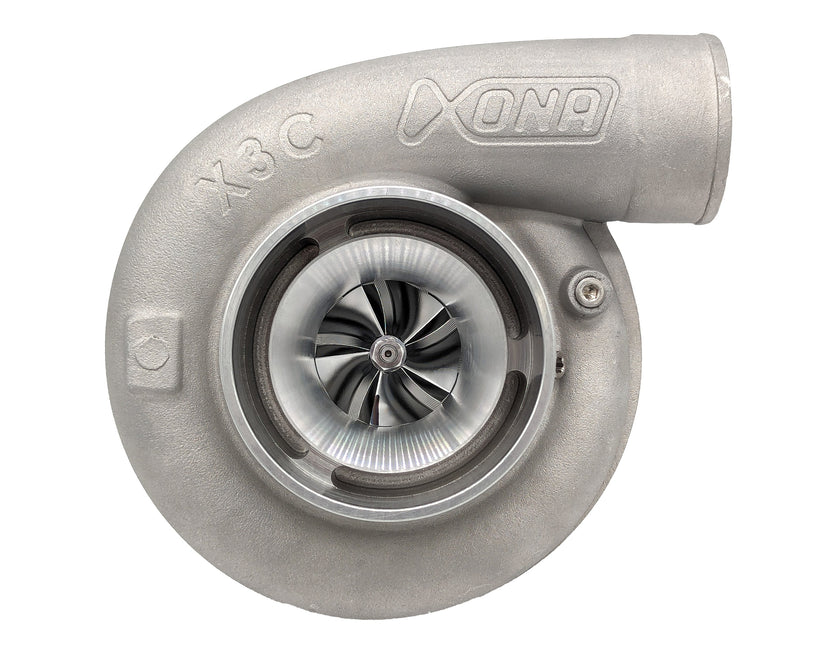 Xona XRE 5057S X3C 50mm turbocharger, front view showing compressor wheel, housing and outlet elbow