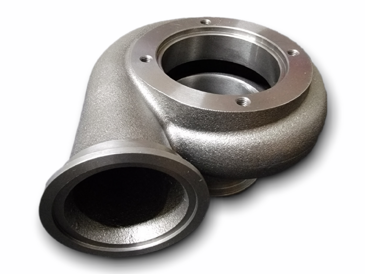 Borg Warner S300SX3 turbine housing, angled view showing V-band inlet and outlet flanges, .86 A/R