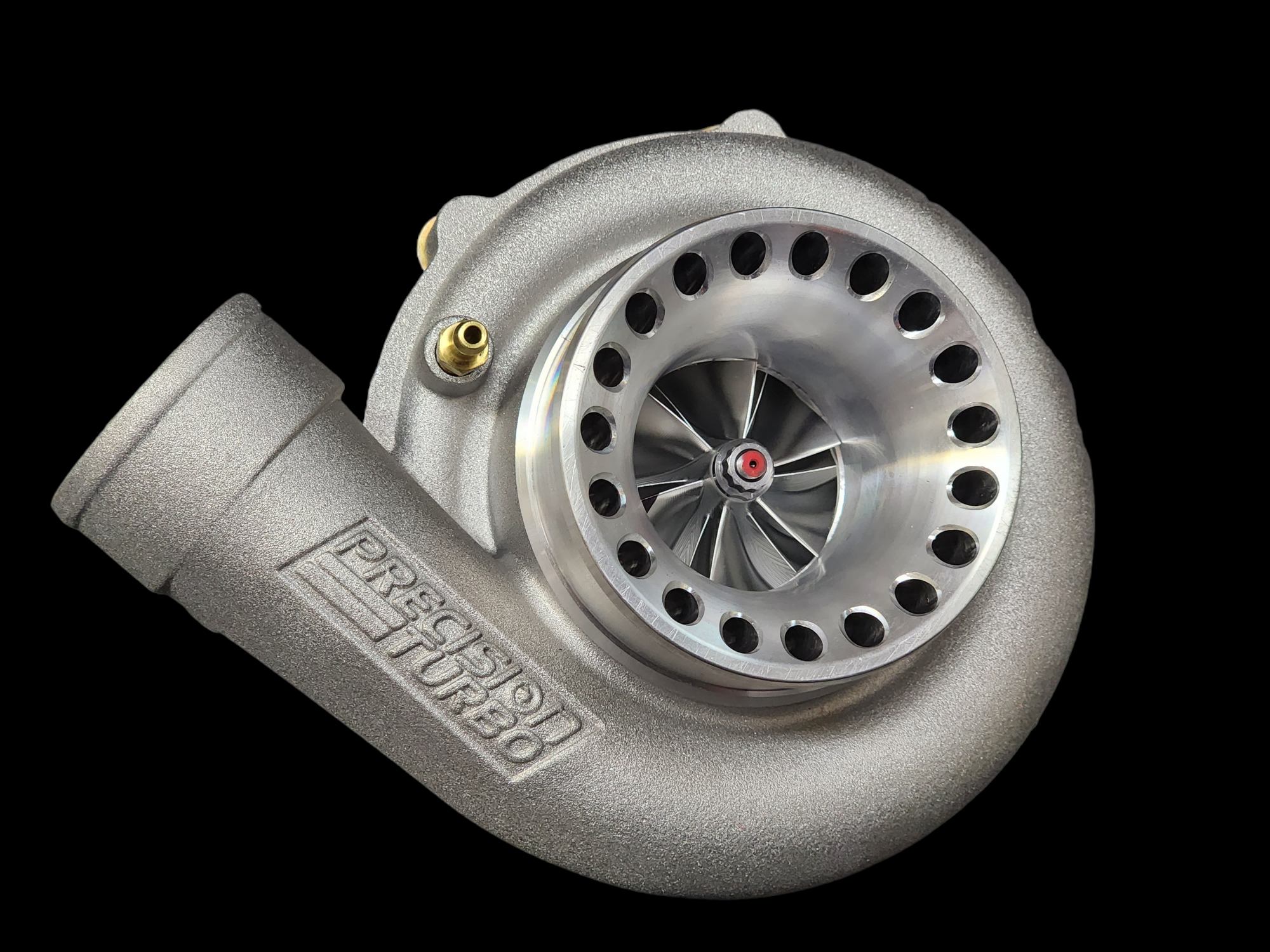 Precision PT5558 CEA turbo, side angle showing compressor wheel, housing, and curved inlet elbow