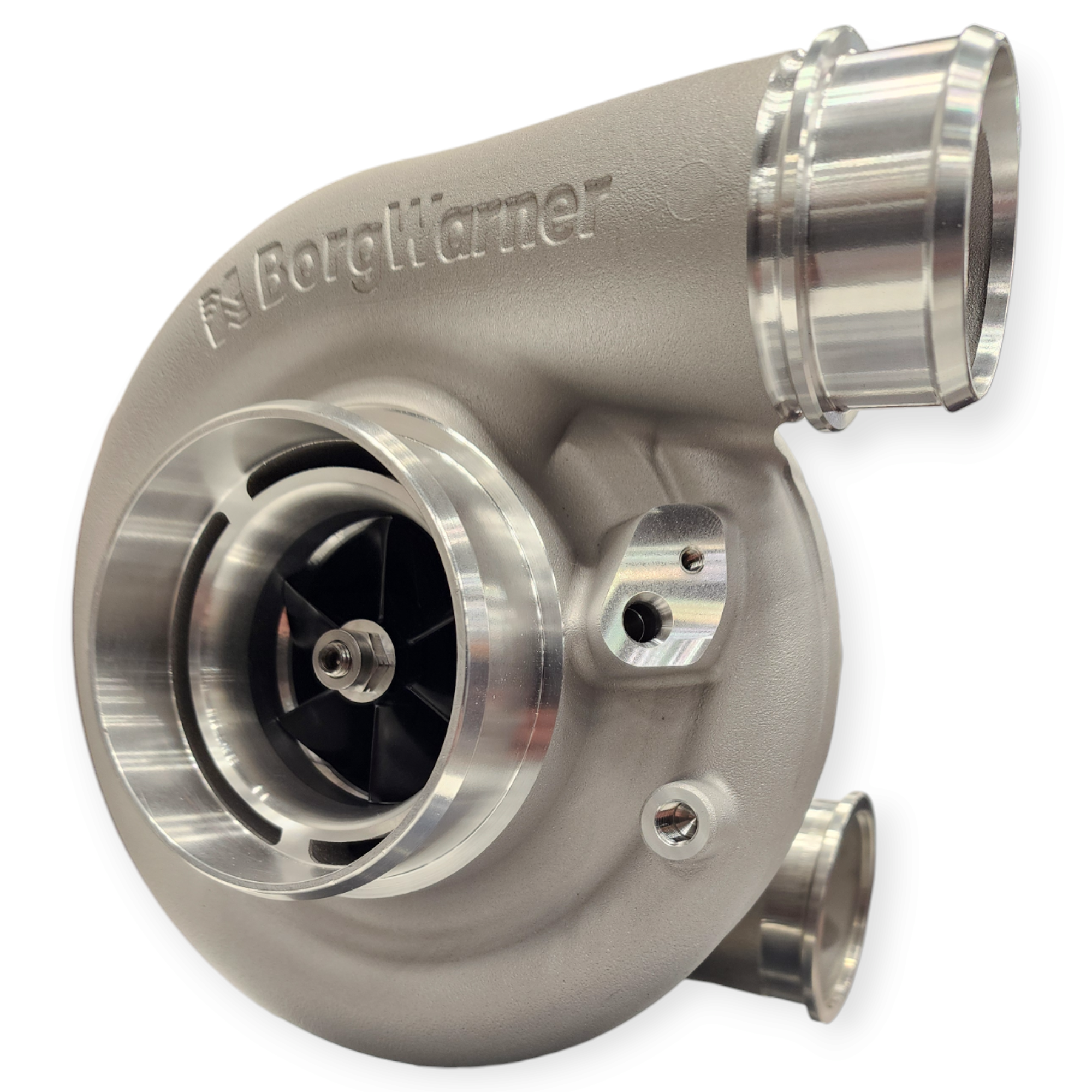 BorgWarner SuperCore S300 SX-R 68mm 8876 turbo, front angle showing compressor wheel, inlet and outlet flanges