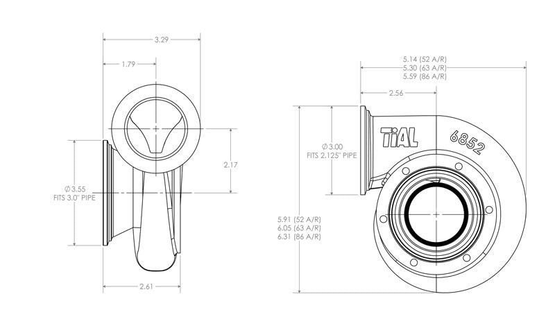 Technical dimension drawing of Xona Rotor XR-51S .52 A/R TiAL turbine housing, front and side views with measurements