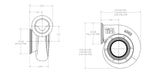 Technical line drawing of Xona Rotor XR-57S turbine housing, front and side views with dimensions.