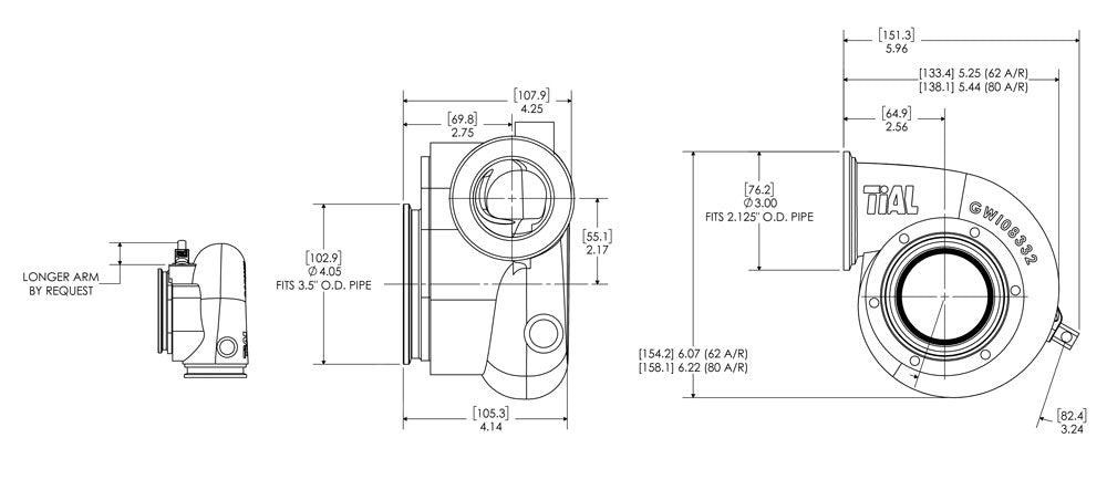 Xona Rotor XR-51S .62 A/R IWG turbine housing, technical line drawing with front, side and top dimension views