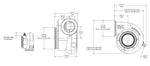 Technical line drawing of Xona Rotor XR-57S turbine housing showing front, side, and rear views with dimensions