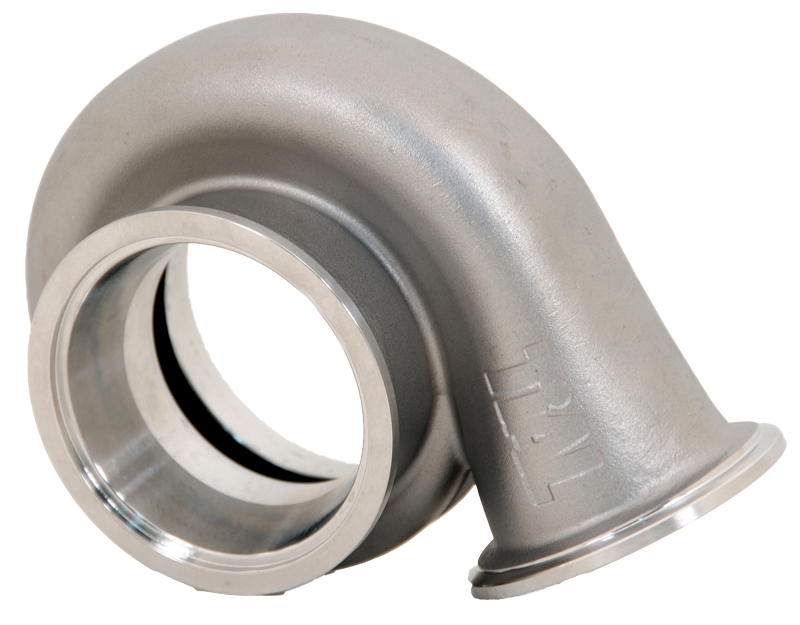 Xona Rotor XR-64S .63 A/R turbine housing, front angle showing dual V-band inlet and outlet flanges