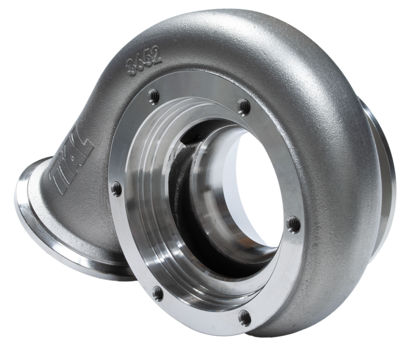 Xona Rotor XR-51S .63 A/R TiAL V-Band turbine housing, angled view showing bolt flanges and inlet scroll.