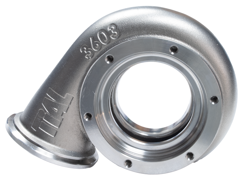 Xona Rotor XR-57S .63 A/R TiAL turbine housing, side angle showing V-band inlet and outlet flanges