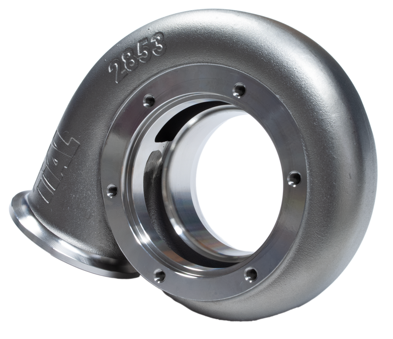 Xona Rotor XR-64S .82 A/R turbine housing, angled view showing V-band inlet and outlet flanges with bolt holes