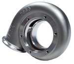 Xona Rotor XR-69S .63 A/R TiAL turbine housing, front angle showing V-band inlet and outlet flanges