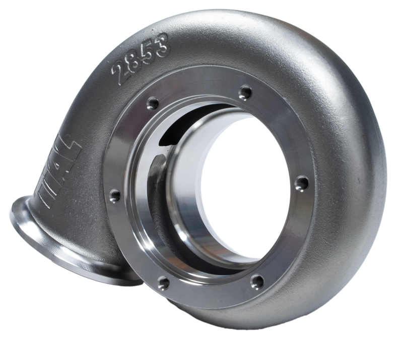 Xona Rotor XR-69S .63 A/R TiAL turbine housing, front angle showing V-band inlet and outlet flanges