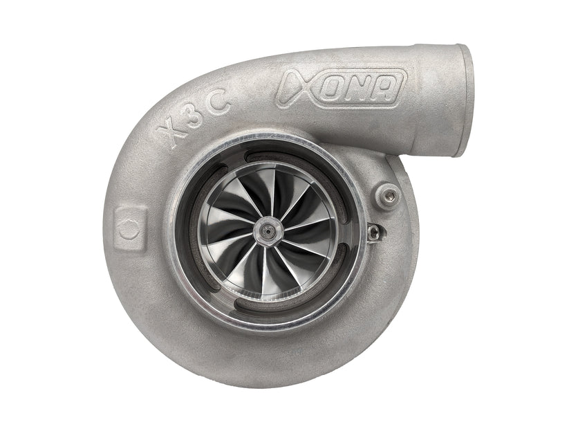 Xona XRE 7169S X3C turbocharger, front angle view showing compressor wheel, housing and outlet