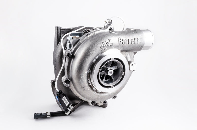 Garrett GT3794VA turbo for Duramax 6.6L, angled view showing compressor housing and actuator wiring harness