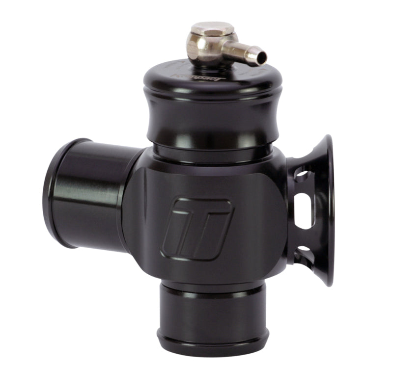 Turbosmart BOV Kompact Dual Port 34mm, side angle showing black billet body, flange, and barbed vacuum fitting