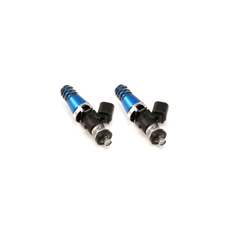 Two Injector Dynamics 1340cc fuel injectors with blue tops, black connectors and lower fuel rail seals, side view.