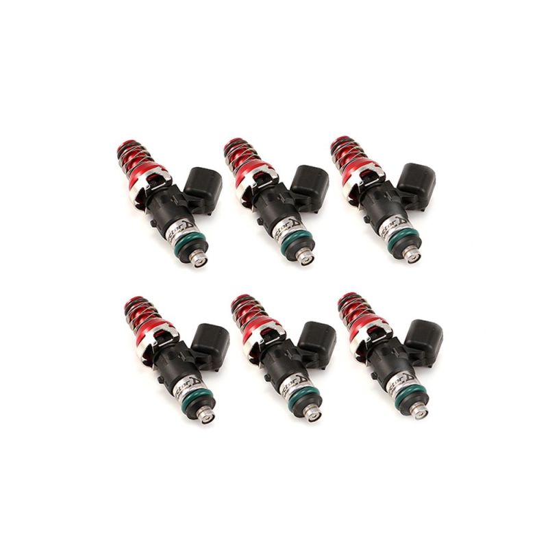 Injector Dynamics ID1050X fuel injectors, set of six, angled view showing red top adapters and connectors