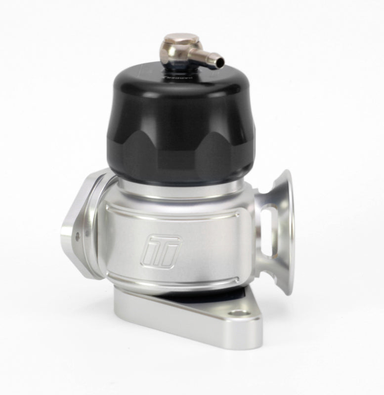 Turbosmart Dual Port BOV, Subaru fitment in black, angled view showing inlet elbow, flange and mounting bracket