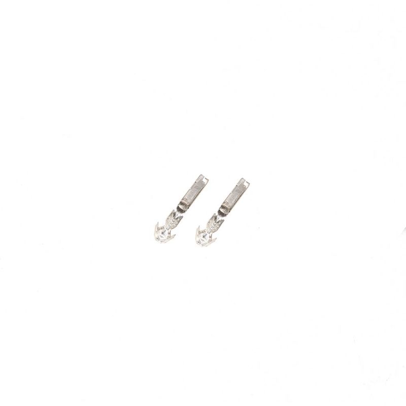 Injector Dynamics individual USCAR terminal pins, two metal crimp contacts on white background, top angle view