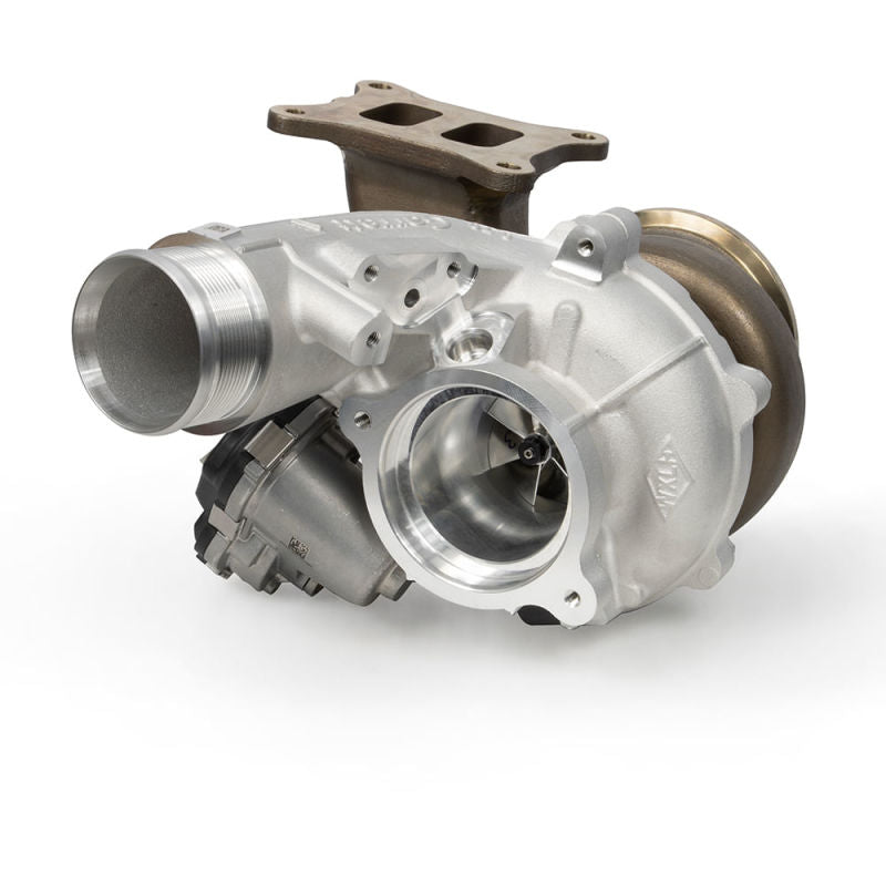 Garrett GT2563S PowerMax turbo for EA888 Evo4, angled view showing compressor wheel, actuator, and manifold flange