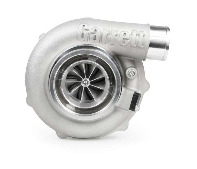 Garrett G30-825 turbocharger, front angle view showing compressor wheel, inlet, and V-band housing