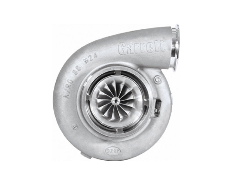 Garrett GTX5020 Super Core Gen II turbo, side angle view showing compressor wheel, housing and inlet.