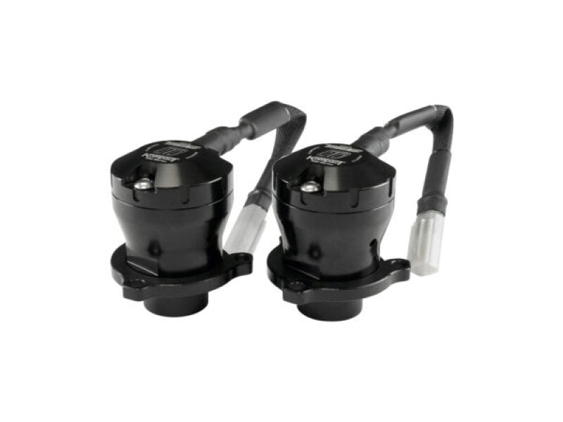 Turbosmart Kompact EM plumb back BOVs, pair, black bodies with hoses and fittings, front angle view