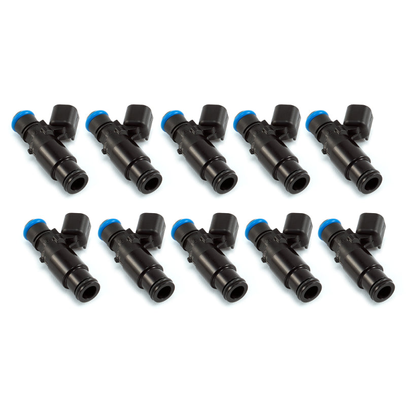Set of 10 Injector Dynamics 2600-XDS fuel injectors, angled view showing blue top connectors and black bodies.