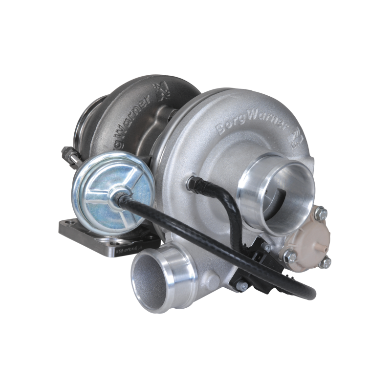 BorgWarner EFR B1 6758 Super Core turbo, side angle showing compressor housing, wastegate actuator and oil fittings
