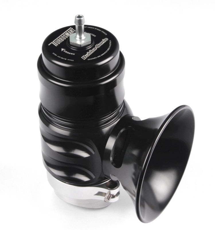 Turbosmart Bubba Sonic BOV, Sleeper, black anodized body with trumpet outlet, top actuator visible