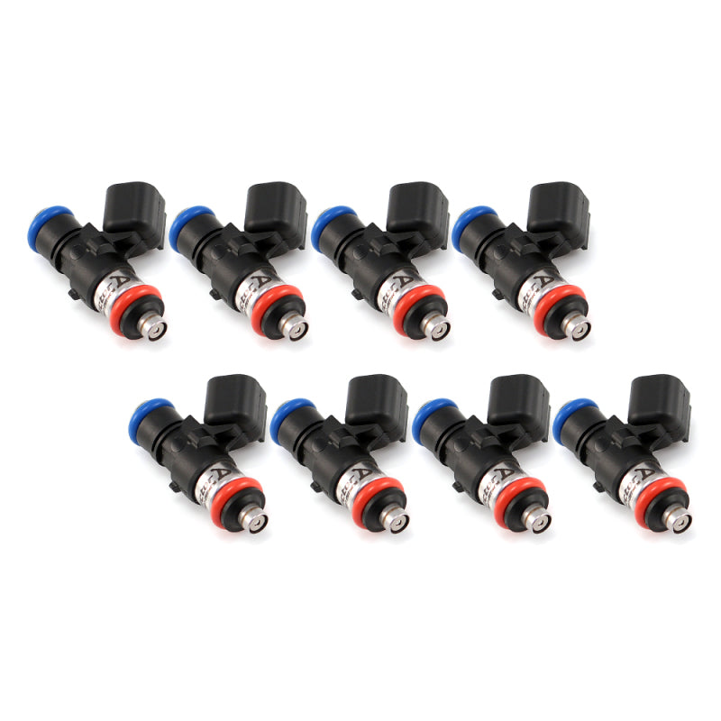 Injector Dynamics 1050cc fuel injectors, set of 8, front view showing blue connectors and red lower O-rings.