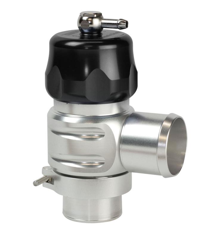 Turbosmart BOV Plumb Back Uni 38mm Black, side view with side outlet, top actuator and hose barb visible