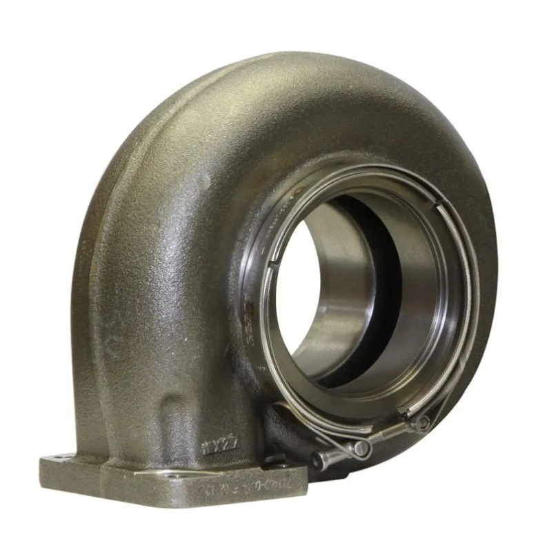 Garrett GTX55 turbine housing, 1.40 A/R, V-band in/out, short outlet, stainless, angled view showing flange and outlet bolt