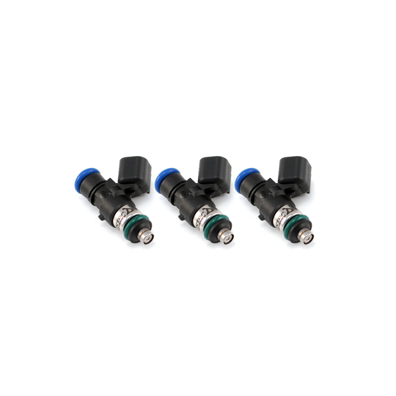 Injector Dynamics 1300-XDS fuel injectors, set of three, side view showing blue top connectors and green O-rings