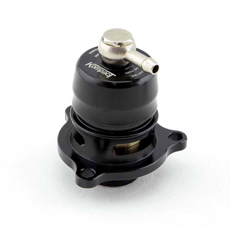 Turbosmart Kompact Dual Port BOV for Focus RS, black anodized body, angled barb fitting, mounting flange visible