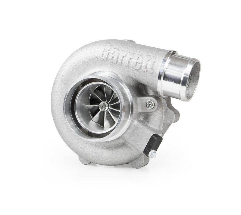 Garrett G25-585 reverse rotation turbo, angled view showing compressor wheel and V-band outlet