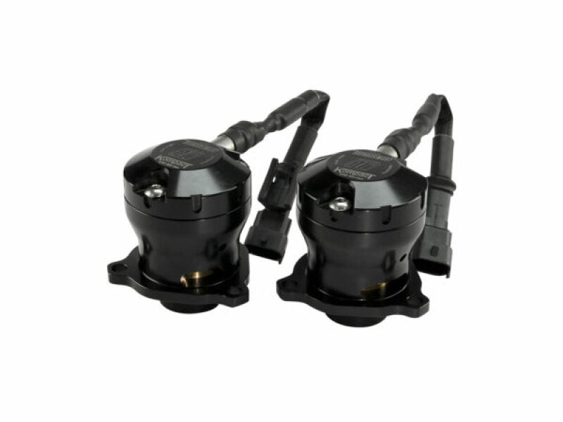 Turbosmart Kompact Dual Port VR31 BOV pair, front angle showing black valve bodies and connectors