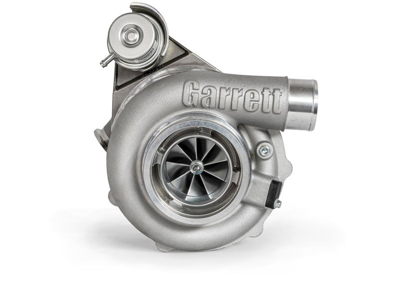 Garrett G30-900 turbocharger, 0.83 A/R, front angled view showing compressor wheel, V-band inlet/outlet, wastegate actuator