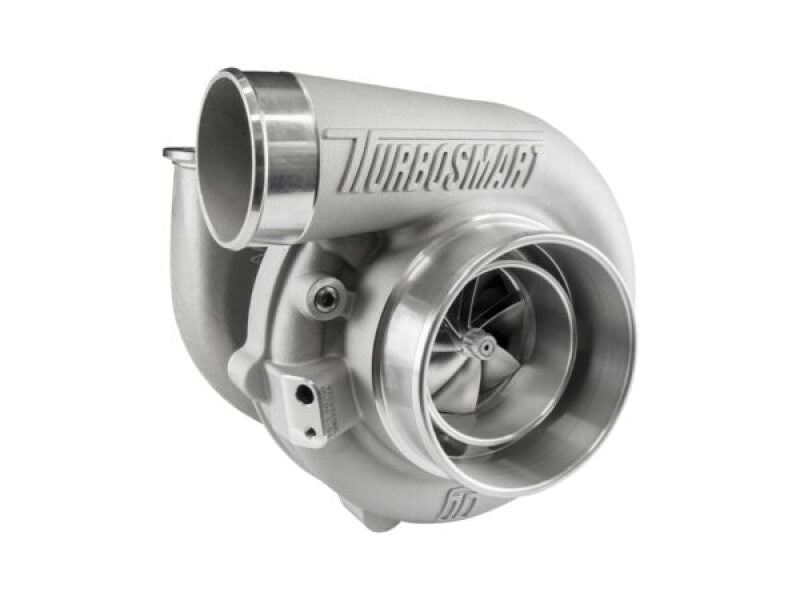 Turbosmart 6870B V-Band turbocharger, angled view showing compressor wheel, inlet, and TS-1 housing