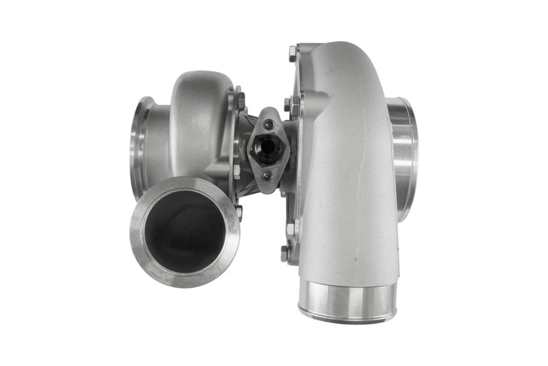 Turbosmart 6870B V-Band turbocharger, side angle showing compressor housing, turbine inlet and V-band flanges