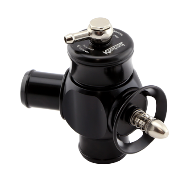 Turbosmart BOV Kompact Dual Port, black anodized body, side angle showing inlet, outlet ports and adjuster knob