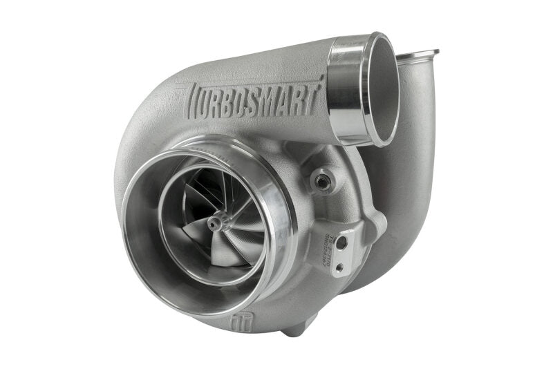 Turbosmart 7170 V-Band turbocharger, side angle showing compressor wheel, housing, and mounting flange.