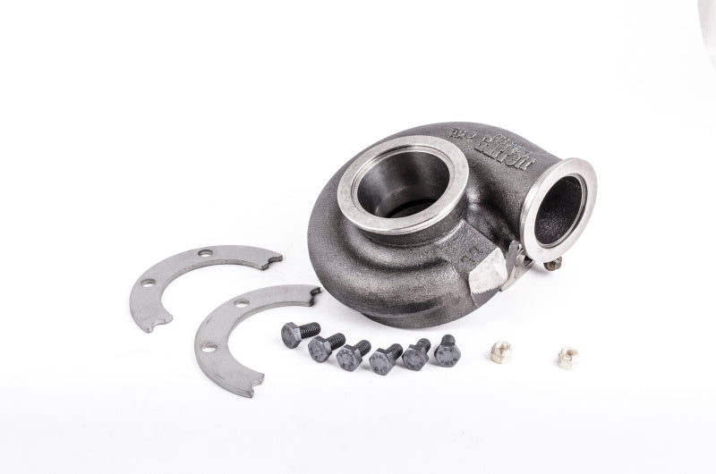 Garrett GT28R turbine housing kit, 0.72 A/R V-band, Ni-Resist, with locking clamps and mounting bolts shown
