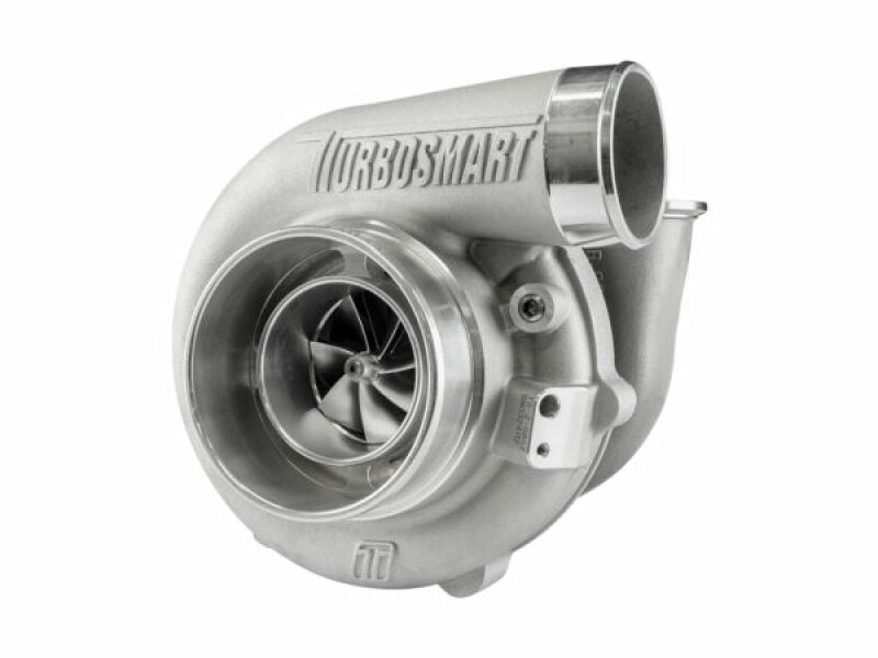 Turbosmart TS-2 5862 turbocharger, front angle view showing compressor wheel, V-band inlet and outlet.