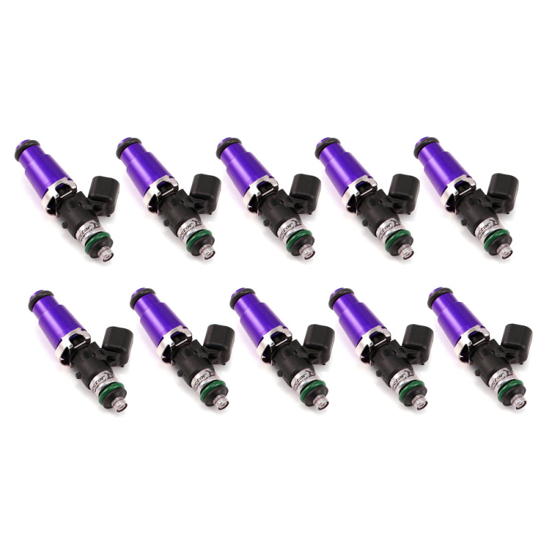 Injector Dynamics 1340cc fuel injectors, set of 8, purple bodies, angled view showing tips and connectors