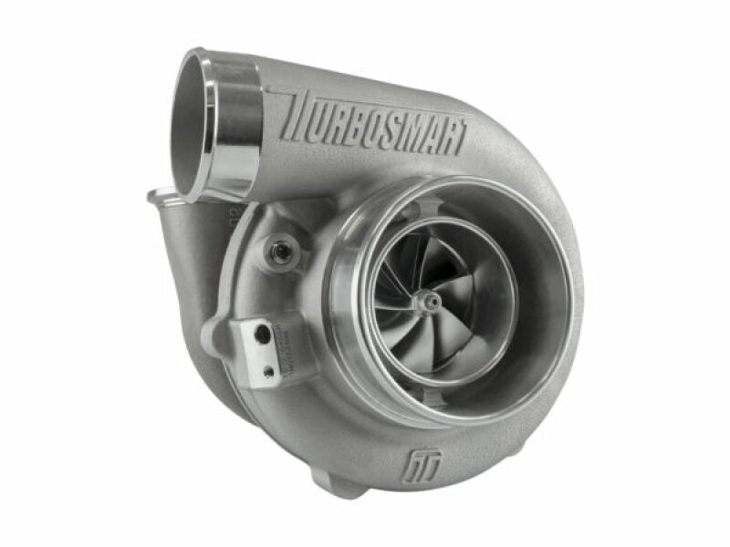 Turbosmart TS-2 6466 water cooled turbocharger, angled view showing compressor wheel, v-band inlet and Turbosmart logo housing