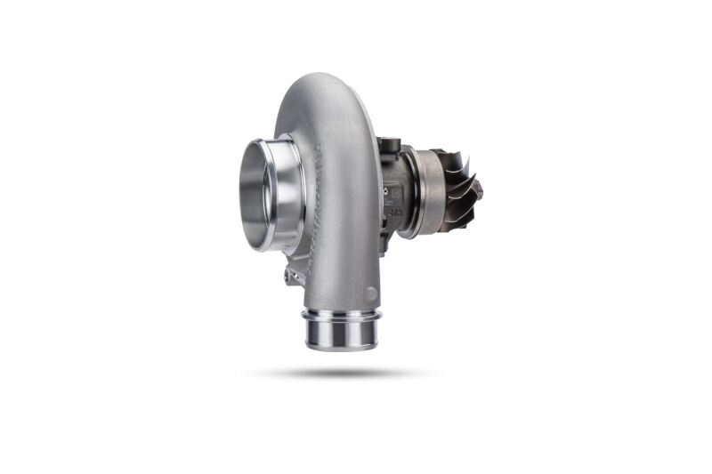BorgWarner SuperCore S200 SX-R 58mm 7670 turbo, side view showing compressor housing, exposed wheel and turbine shaft.