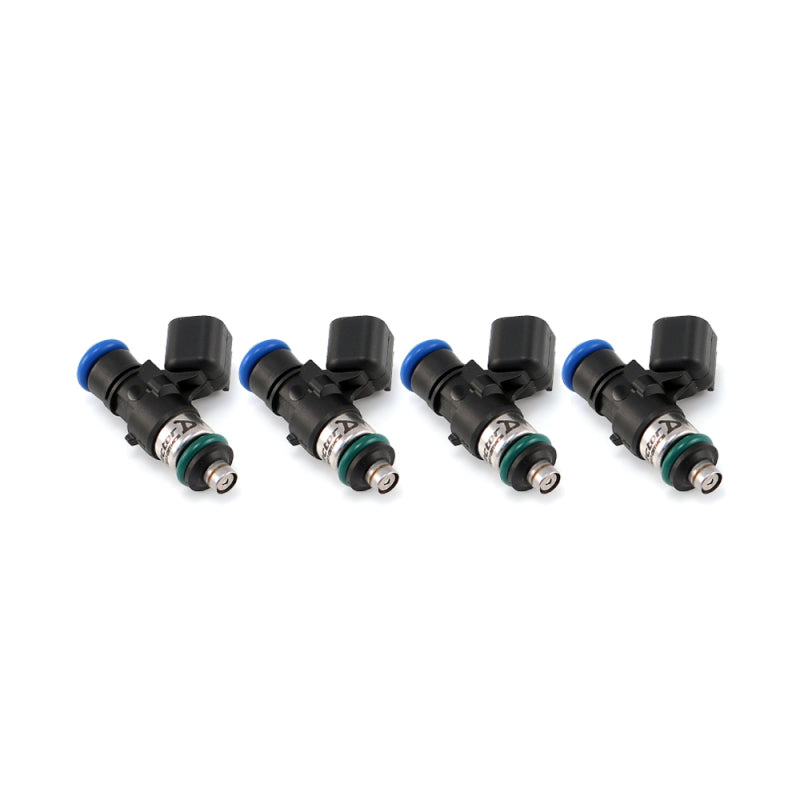 Injector Dynamics ID1050X fuel injectors, set of four, side view showing blue tops and green O-rings
